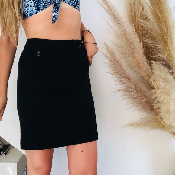 ANN TAYLOR Black Textured Waffle Knit Pencil Retro Button Skirt Bodycon Slit 2 - Picture 1 of 8
